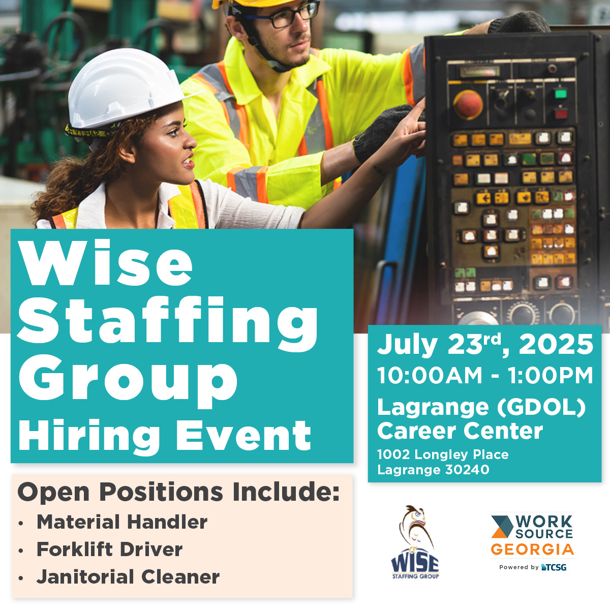 WorkSourceGA's tweet image. LaGrange Job Seekers! 📣Wise Staffing Group hiring event! Join us at the LaGrange GDOL Career Center -Wed., July 23, 10 AM - 1 PM.
Multiple openings for Material Handlers, Forklift Drivers &amp;amp; Janitorial Cleaners!
Register FREE: tinyurl.com/yqmwnu56

#WorkSourceGA #WiseStaffing
