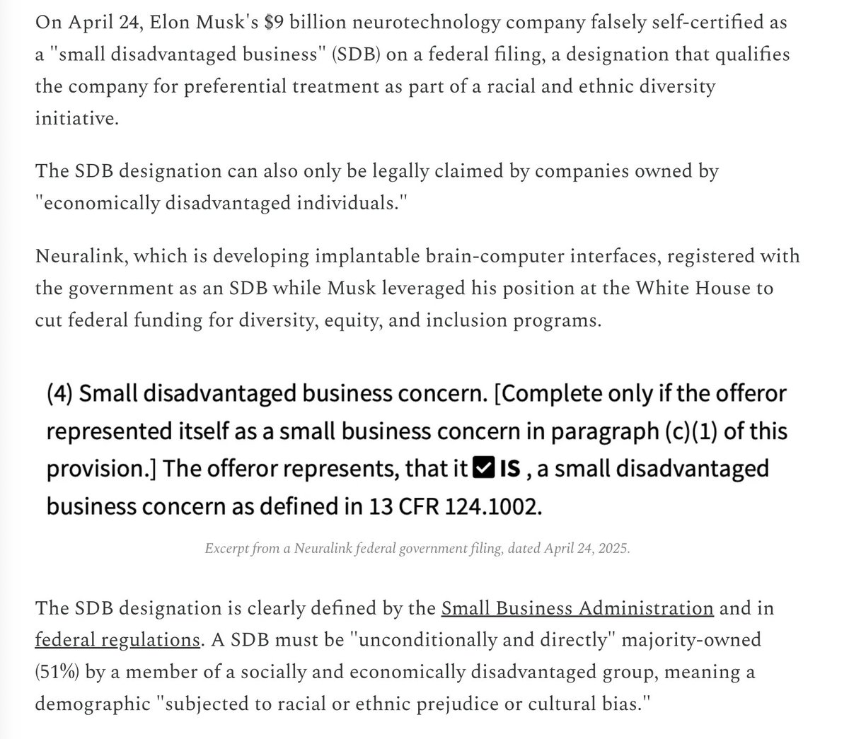 calebhecarma's tweet image. Scoop: Elon Musk's Neuralink falsified federal forms to qualify for racial diversity and economic empowerment programs. The designation claimed by Neuralink is meant for companies owned by racially and economically "disadvantaged individuals"
muskwatch.com/p/musks-neural…