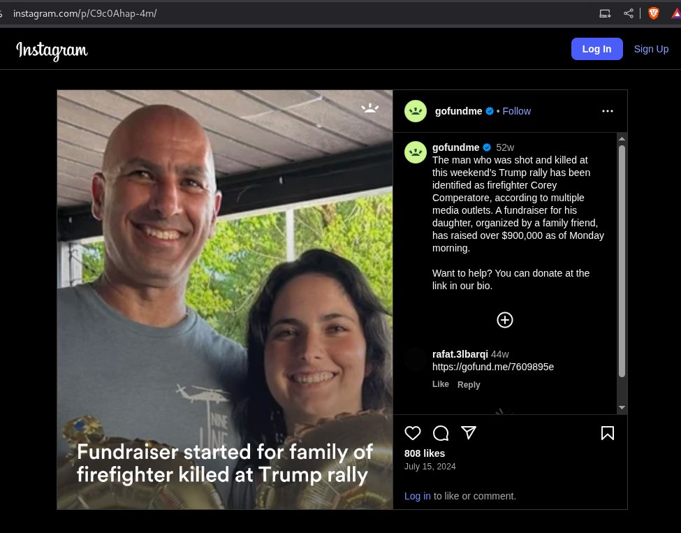 SackTransit's tweet photo. @EscanorReloaded I guess all this money went to Trump's campaign, because Corey Comperatore isn't actually dead. Noice. https://t.co/0FAwHKU37h