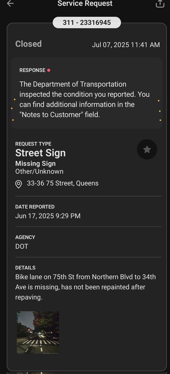 Response by DOT is hidden in the 'Notes to (tell) customer' field, which is hidden from the customer in the 311 app.