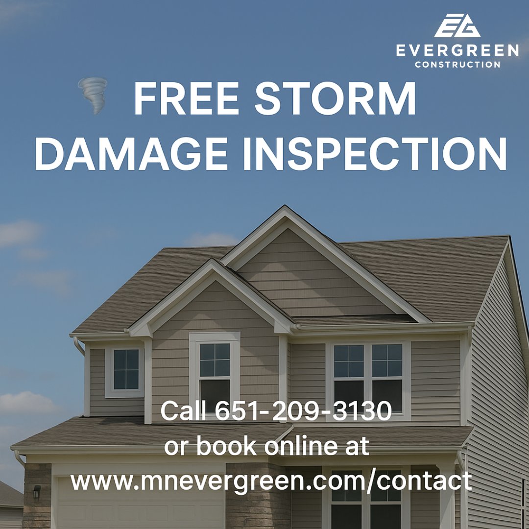 At Evergreen Construction, we offer FREE Storm Damage Inspections!

🗓️ Book your inspection today at mnevergreen.com/contact
📞 Call us at 651-209-3130

#mnevergreen #since2003 #roofing #stormdamage #mnroofing #freeinspection