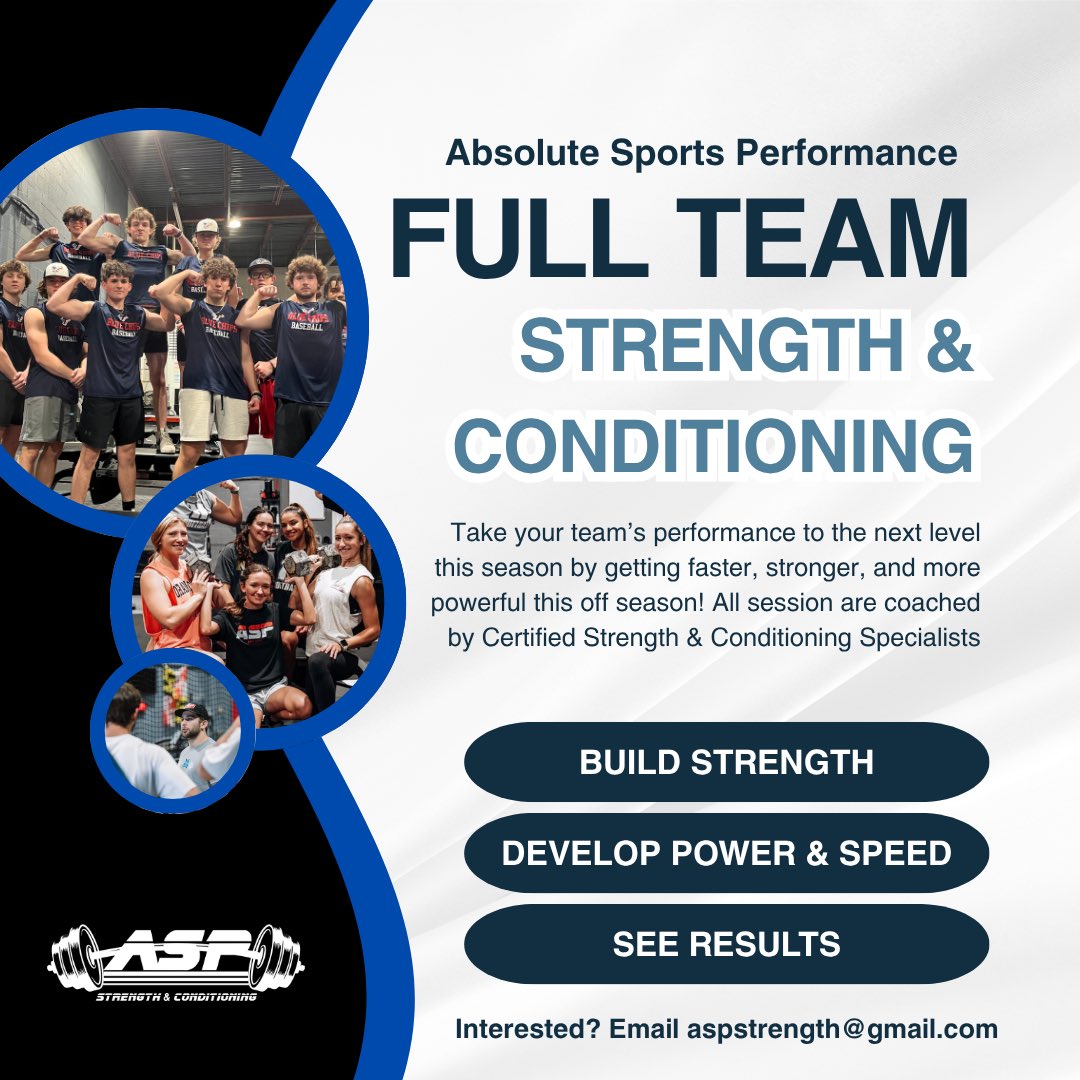 Absolute Sports Performance (@absolutesports_) on Twitter photo Check out our Team Strength & Conditioning Program here at ASP. Train with certified strength & conditioning coaches to develop speed, strength, and power specific to your sport!
We are now accepting applications for this Fall and Winter!
Email aspstrength@gmail.com Check out our Team Strength & Conditioning Program here at ASP. Train with certified strength & conditioning coaches to develop speed, strength, and power specific to your sport!
We are now accepting applications for this Fall and Winter!
Email aspstrength@gmail.com