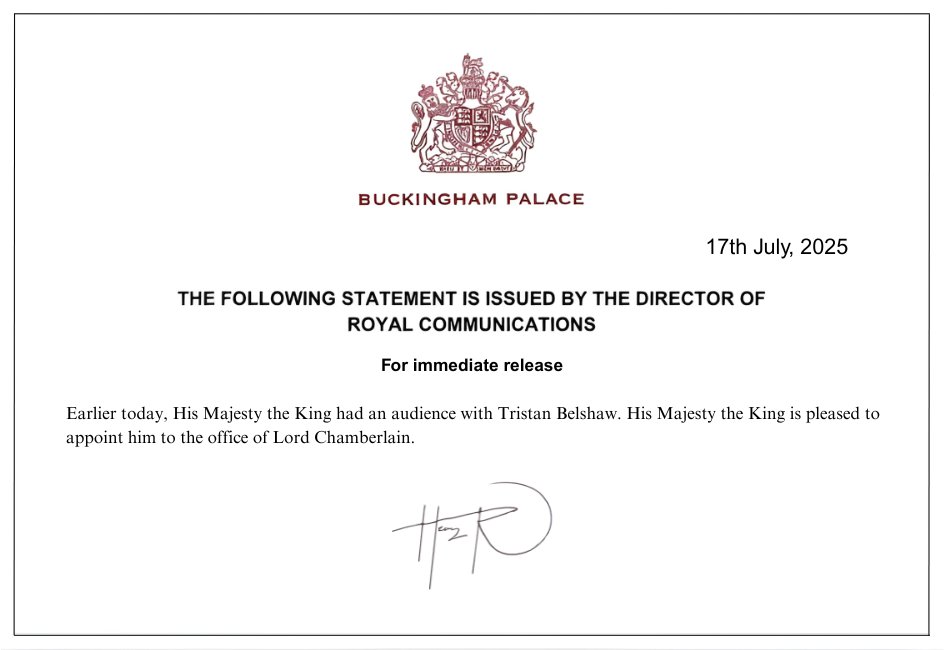 His Majesty has appointed Tristan Belshaw as Lord Chamberlain.

✒️ | The following statement is issued by the Director of Royal Communications.