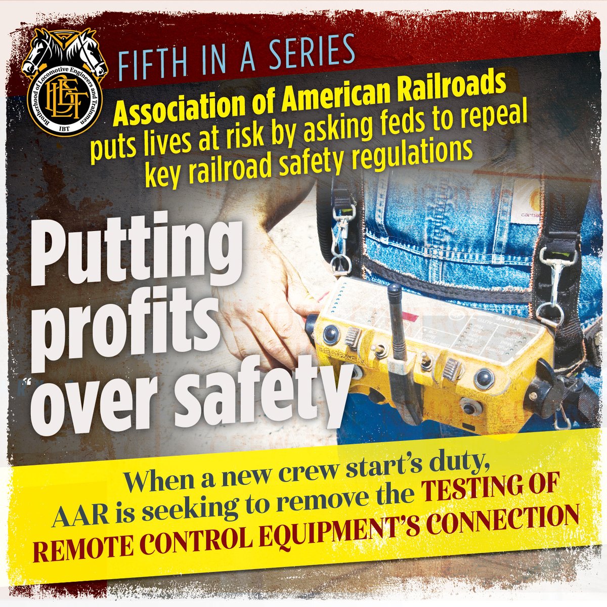 BLET's tweet image. AAR de-regulatory playbooks: This week, we highlight how AAR is attempting to make an already risky operation even more dangerous by weakening safeguards related to remote-control locomotives. Read more: blet.link/4lEO44o