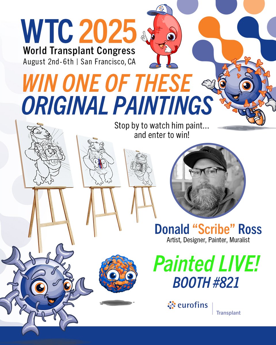 Visit us at #WTC2025, booth 821, to meet world-renowned artist Donald "Scribe" Ross!

Famous for his vibrant children's hospital murals, Scribe brings hope &amp; healing through art.

🖌️ Stop by &amp; enter for your chance to win!
INFO: eurofinstransplant.com/events/eurofin…

#atc2025 #organtransplant