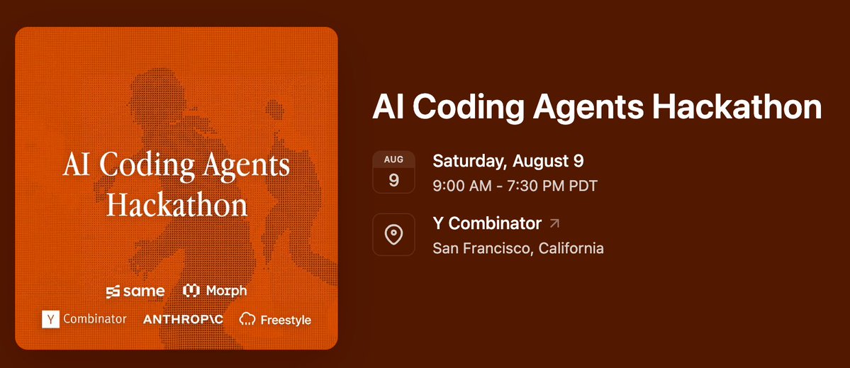 aidenybai's tweet image. Same is helping host THE FIRST coding agent hackathon at the YC office
aug 9, 9am.
dm me for an invite.