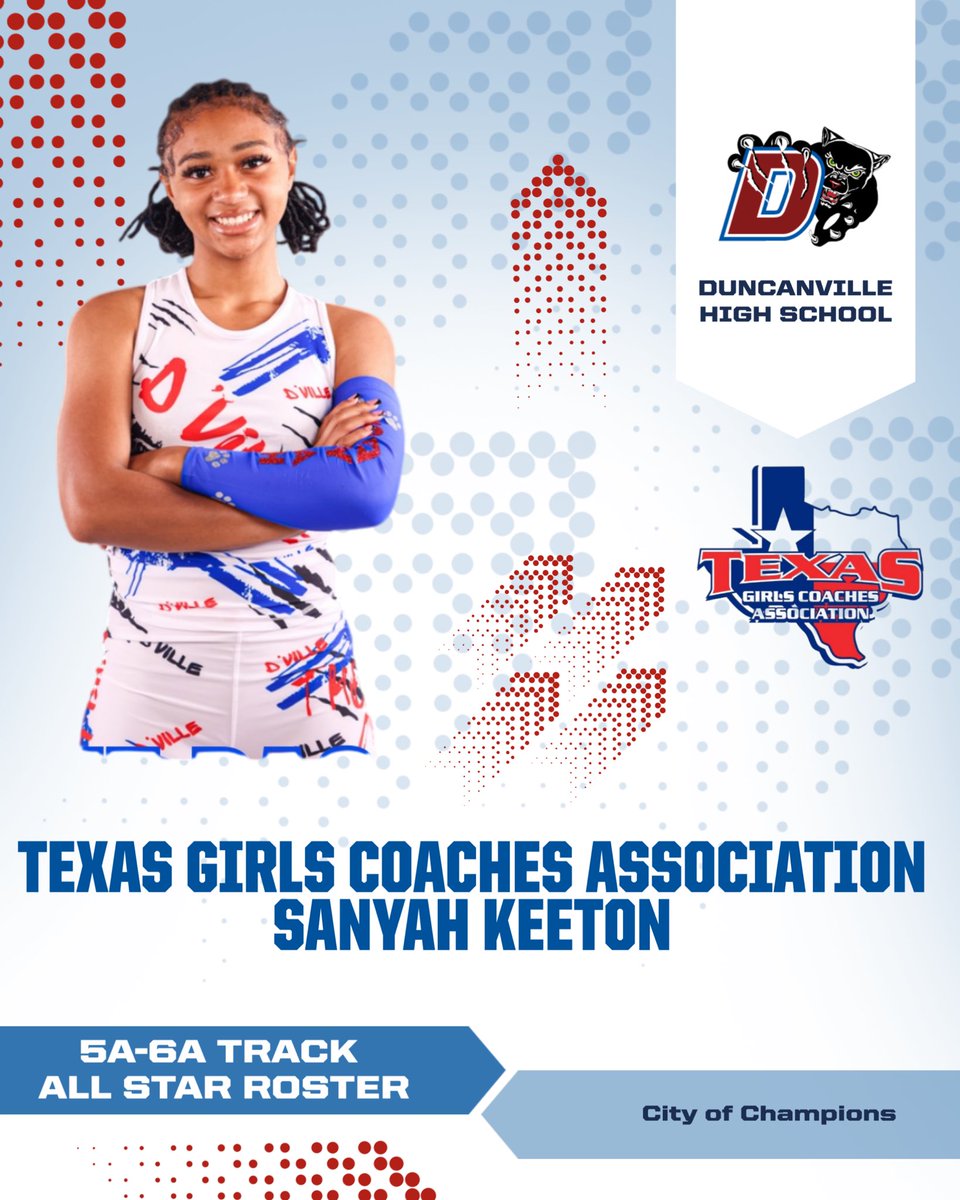 Duncanville ISD Athletics (@pantherssports) on Twitter photo Congratulations to <a href="/GirlsTrackDHS/">Duncanville High School Girls Track & Field</a> Sanyah Keeton for being named to the <a href="/AustinTGCA/">TGCA</a> 2026 5A-6A Track All Star Roster <a href="/DuncanvilleISD/">Duncanville ISD</a> <a href="/Duncanville_HS/">Duncanville High School</a> Congratulations to <a href="/GirlsTrackDHS/">Duncanville High School Girls Track & Field</a> Sanyah Keeton for being named to the <a href="/AustinTGCA/">TGCA</a> 2026 5A-6A Track All Star Roster <a href="/DuncanvilleISD/">Duncanville ISD</a> <a href="/Duncanville_HS/">Duncanville High School</a>