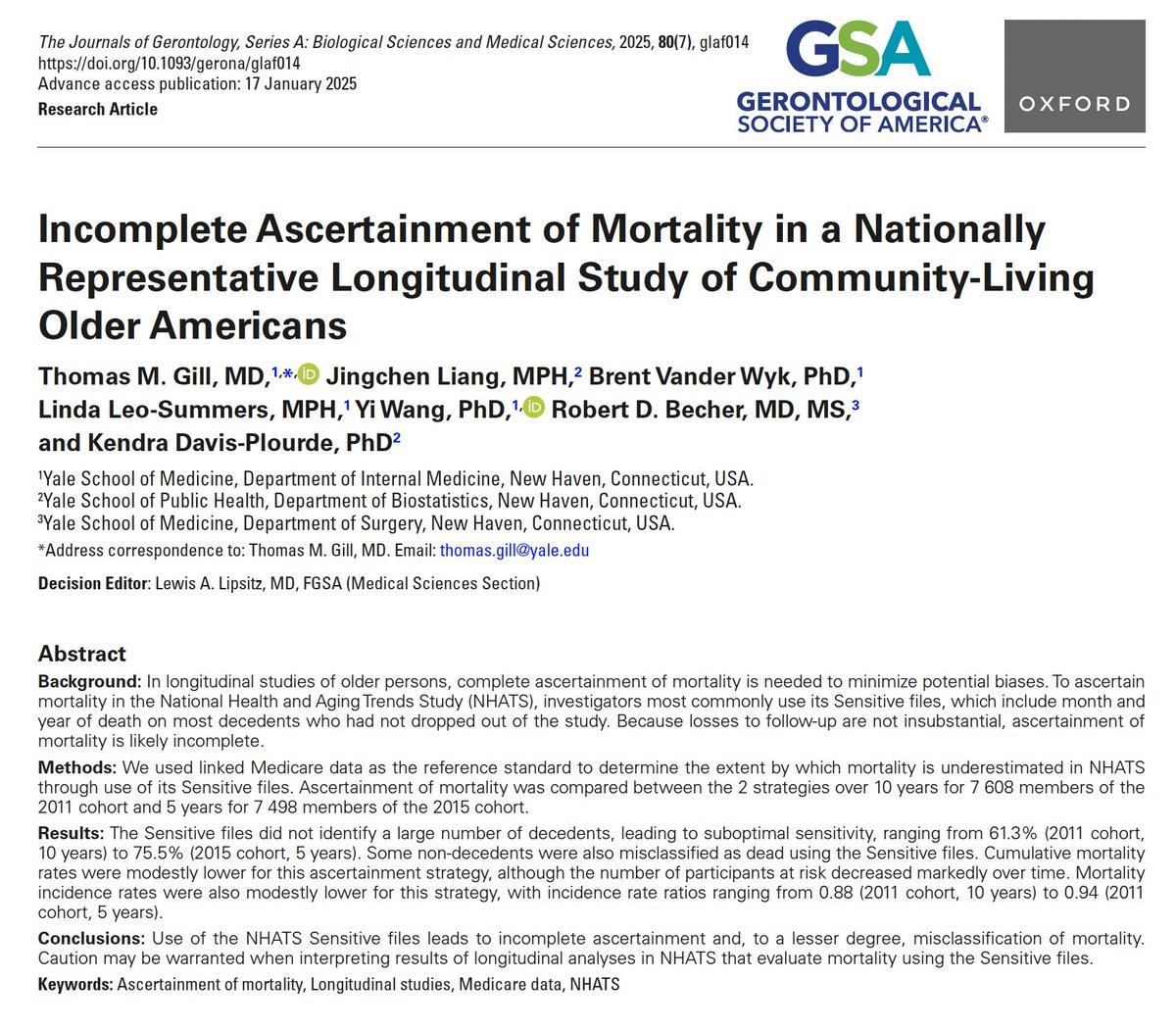 MrDisability's tweet image. Published in July 2025 issue of JGMS: Use of NHATS Sensitive files leads to incomplete ascertainment and some misclassification of mortality. Caution may be warranted when interpreting results of longitudinal analyses in NHATS that evaluate mortality using the Sensitive files.
