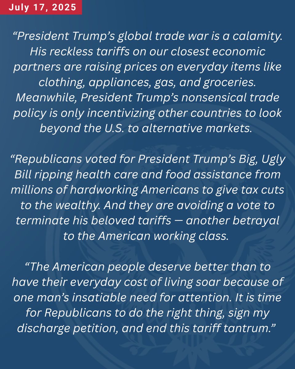HouseForeign's tweet image. Ranking Member @RepGregoryMeeks just filed a discharge petition and is gathering signatures to force a vote in the House to terminate President Trump’s authority to impose his reckless "Liberation Day" tariffs.
His statement: