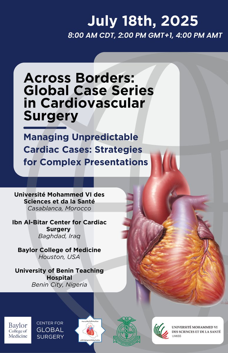 Baylor Global Surgery (@bcmglobalsurg) on Twitter photo Join us tomorrow at 8AM CDT for Across Borders: Global Case Series in Cardiovascular Surgery on Managing Unpredictable Cardiac Cases!
Email globalsurgery@bcm.edu for more information.
#globalsurgery #cardiovascular #cardiothoracic <a href="/BCM_Surgery/">BCM_Surgery</a> <a href="/BCMGSRes/">BCM General Surgery Residency</a> Join us tomorrow at 8AM CDT for Across Borders: Global Case Series in Cardiovascular Surgery on Managing Unpredictable Cardiac Cases!
Email globalsurgery@bcm.edu for more information.
#globalsurgery #cardiovascular #cardiothoracic <a href="/BCM_Surgery/">BCM_Surgery</a> <a href="/BCMGSRes/">BCM General Surgery Residency</a>