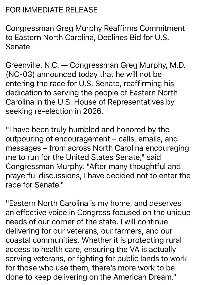 GregMurphyMD's tweet image. Congressman Greg Murphy Reaffirms Commitment to Eastern North Carolina, Declines Bid for U.S. Senate #ncpol #ncsen #NC03