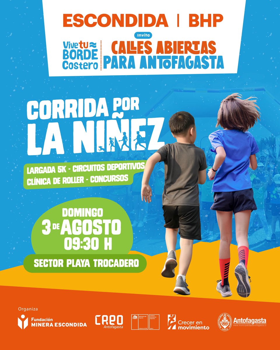 ¡Guarda la fecha! 🤩

El próximo domingo 3 de agosto, celebramos con deporte el Día de la Niñez🙌

Desde las 09:30 h en playa Trocadero, pronto más detalles.

Esta iniciativa es presentada por Escondida | BHP.
