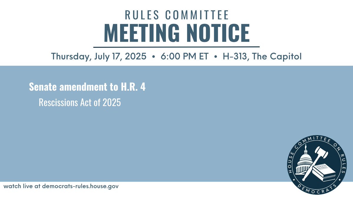 RulesDemocrats's tweet image. After hours of waiting around, the Committee will finally meet at 6:00pm on the Senate's amendemnt to H.R. 4— an awful bill that would gut public broadcasting, international aide, and essential global health programs.
📺 WATCH ➡️ youtube.com/watch?v=FcXZdf…