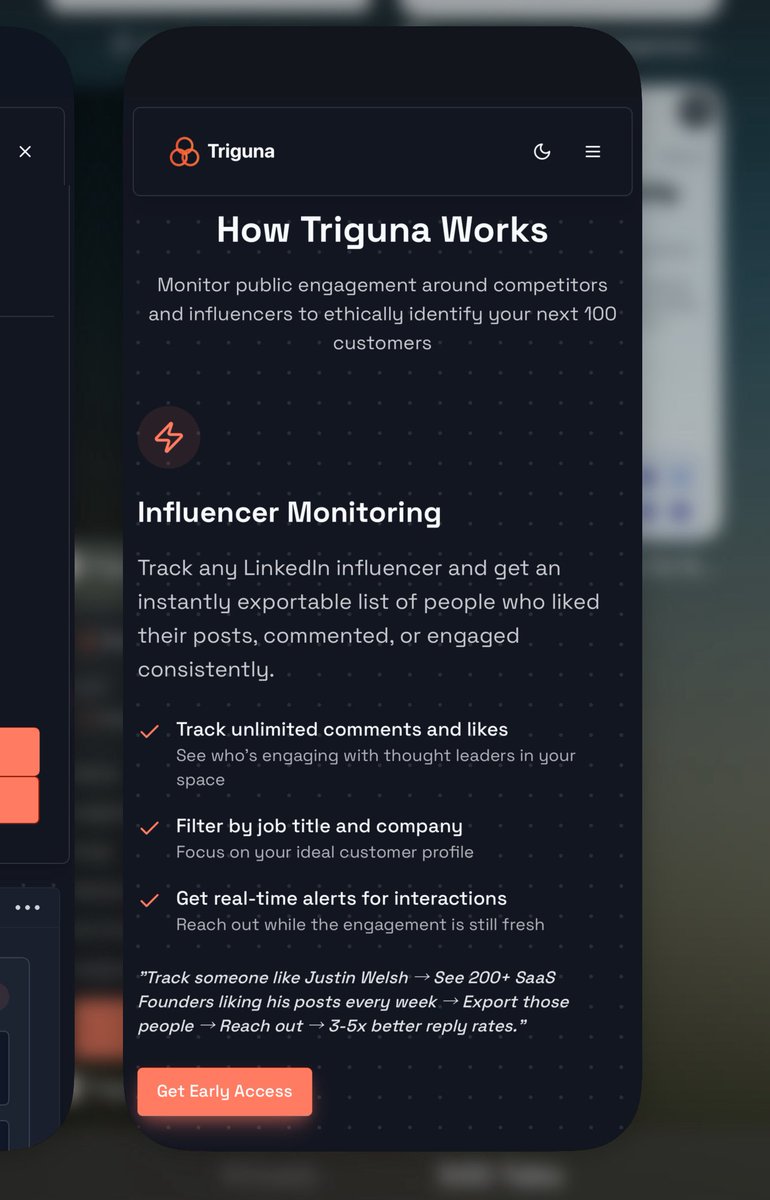 used trigify

lead changed jobs 2 months ago — still showed the old title

triguna.ai was faster, fresher, and let us enrich posts on demand

shows who’s engaging with your competitors + influencers

then lets you scrape on scale without using  your own linkedin