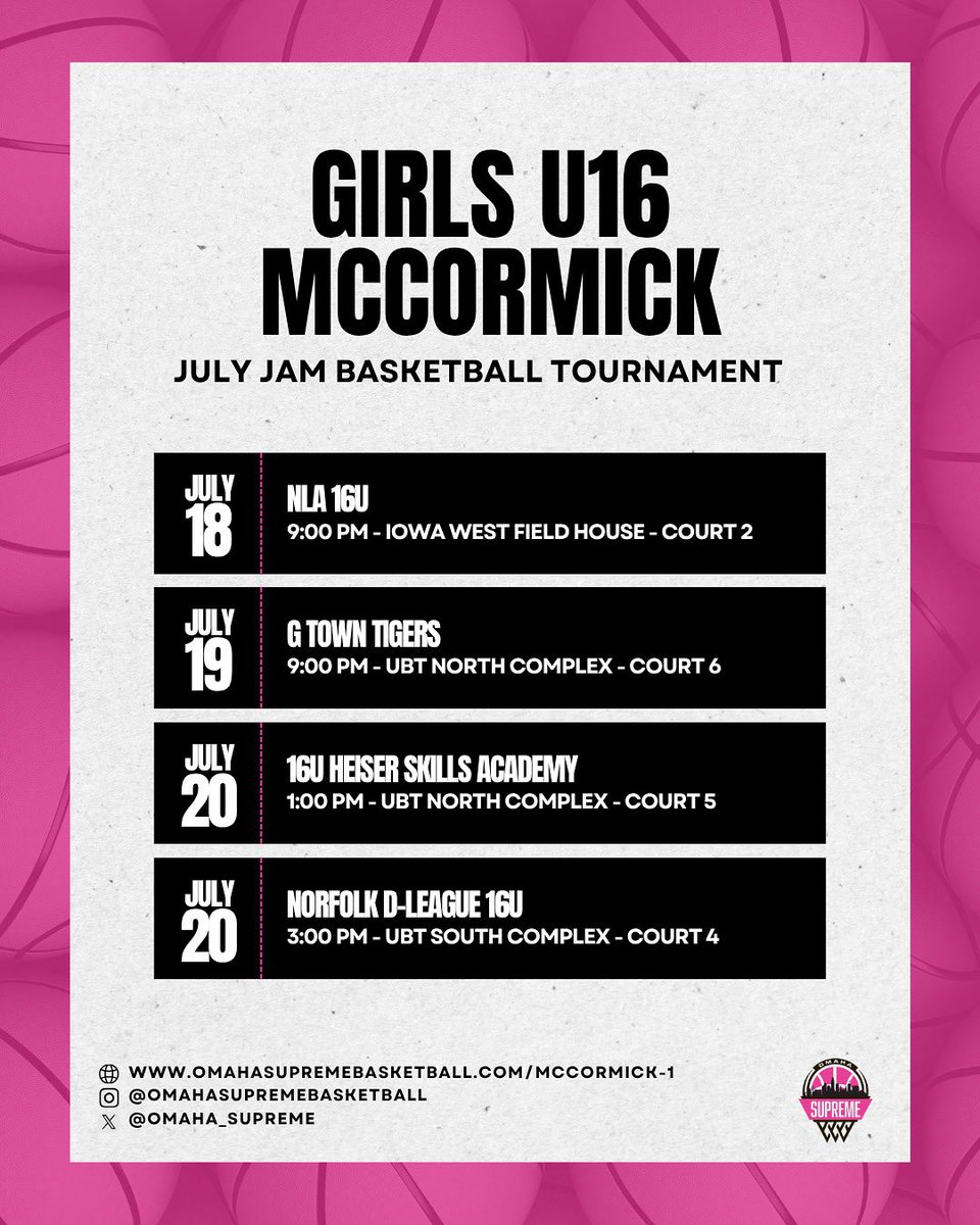 Omaha Supreme Girls U16 McCormick is back in action for the July Jam Basketball Tournament this weekend! Check out their schedule above! 🏀🔥

Team Roster: omahasupremebasketball.com/mccormick-1