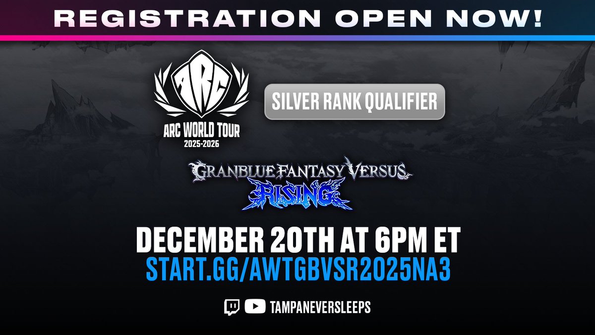 TampaNeverSleep's tweet image. Skyfarers, will you rise to the occasion? 💠

Registration for the #AWT25_26 #GBVSR Online Silver Rank Qualifier is open now!

It all begins on December 20th at 6pm ET, sign up now 🔥