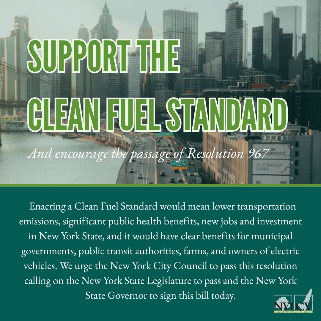 nylcv's tweet image. A Clean Fuel Standard—a top NYLCV priority—would ⬇️carbon intensity of on-road transp fuels by at least 20% by '33. That's why we strongly support @NYCCouncil Res 967 calling on the state legislature & @GovKathyHochul to get this measure over the finish line ASAP. TY @cmshekark!