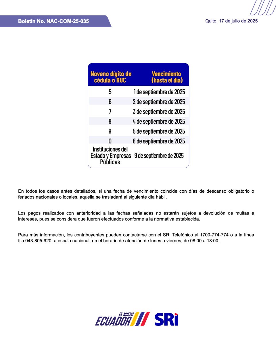 #BoletínSRI

📣SRI amplía el plazo para declaraciones con fecha de vencimiento 12 y 14 de julio de 2025 y para contribuyentes de Napo.

⤵️Descarga la resolución aquí: shorturl.at/WCTtW

#ElNuevoEcuador