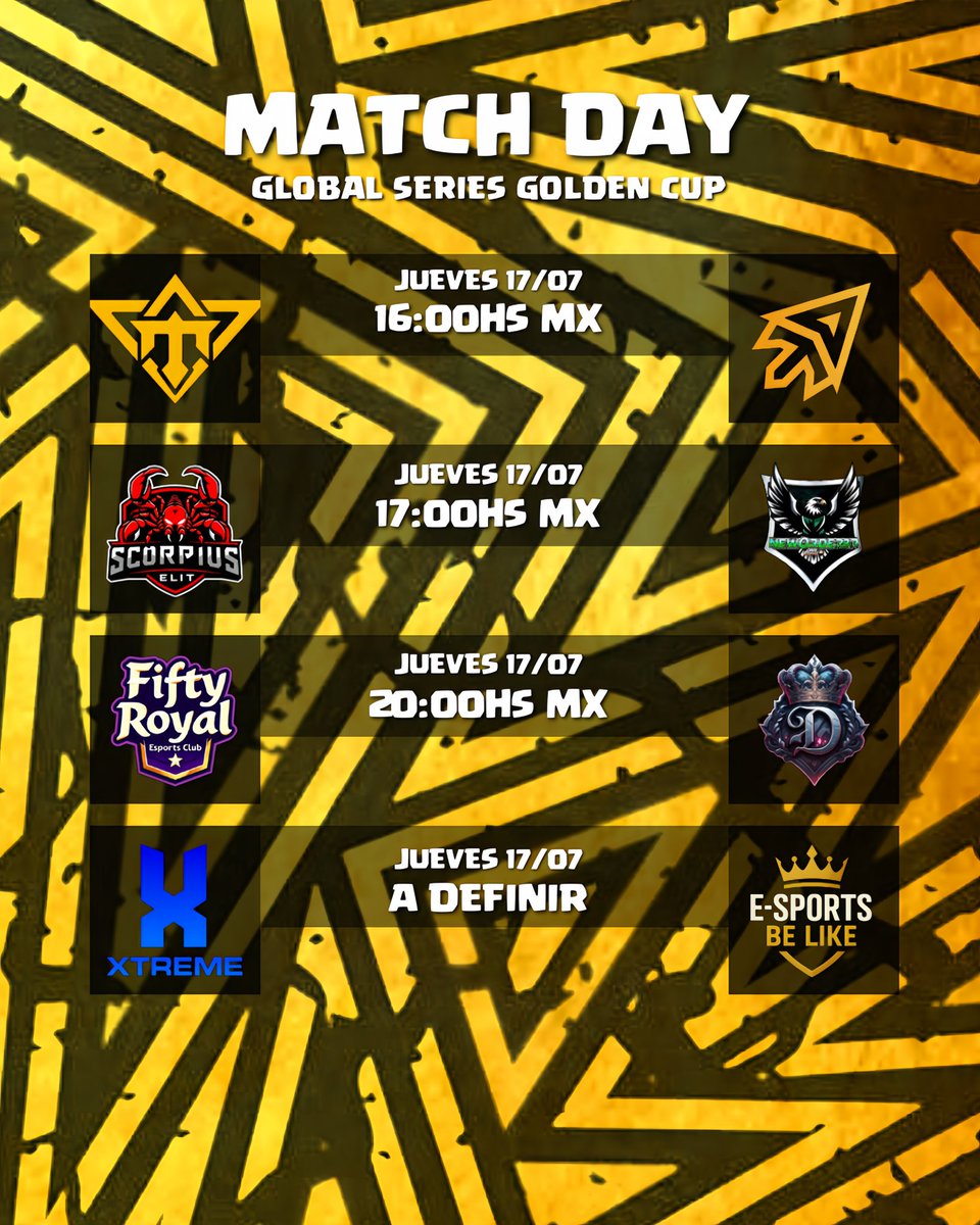Global Series (@ggseriesok) on Twitter photo 🇪🇸 | GSGC
Match Day
<a href="/goldengg_e/">GØLDEN</a> 🆚 <a href="/TDelta_CR/">Team Delta (Δ)</a>
<a href="/xvScorpiusxv/">Scorpius Elit</a> 🆚 <a href="/NewOrderBRR/">NewOrderBR</a>
<a href="/Fifty_Royal/">✨Fifty Royal✨</a> 🆚 <a href="/Las_Duquesas87/">✨Las duquesas ✨</a>
<a href="/Xtreme_Teamtbd/">Xtreme Esports</a> 🆚 <a href="/E_sportBeLike/">Gabriel Alexander</a>
Hoy los equipos del grupo G y H buscarán la victoria para asegurar su clasificación a la fase 02.
Quienes lo lograran?👀
#GGSGC 🇪🇸 | GSGC
Match Day
<a href="/goldengg_e/">GØLDEN</a> 🆚 <a href="/TDelta_CR/">Team Delta (Δ)</a>
<a href="/xvScorpiusxv/">Scorpius Elit</a> 🆚 <a href="/NewOrderBRR/">NewOrderBR</a>
<a href="/Fifty_Royal/">✨Fifty Royal✨</a> 🆚 <a href="/Las_Duquesas87/">✨Las duquesas ✨</a>
<a href="/Xtreme_Teamtbd/">Xtreme Esports</a> 🆚 <a href="/E_sportBeLike/">Gabriel Alexander</a>
Hoy los equipos del grupo G y H buscarán la victoria para asegurar su clasificación a la fase 02.
Quienes lo lograran?👀
#GGSGC
