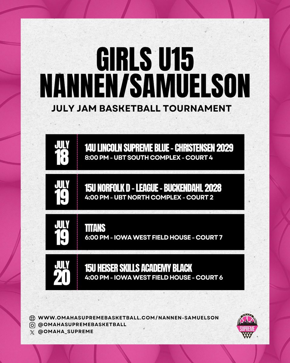 Omaha Supreme Girls U15 Nannen/Samuelson is back in action for the July Jam Basketball Tournament this weekend! Check out their schedule below! 🏀🔥

Team Roster: omahasupremebasketball.com/nannen-samuels…
