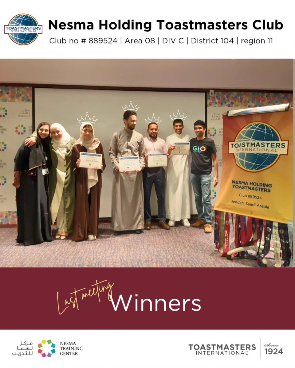 NHTMClub's tweet photo. Meet the champions who stole the spotlight in our last meeting! 😍✨

Let’s give a thunderous round of applause to these rockstars! 👏👏👏
We’re already hyped to see who rises next… STAY TUNED! 🚀

@District104TI @Toastmasters 

#Toastmasters #PublicSpeaking #TableTopics #Leadership #MeetingHighlights #nhtmclub #نسما #جدة #السعودية #نادي_التوستماسترز