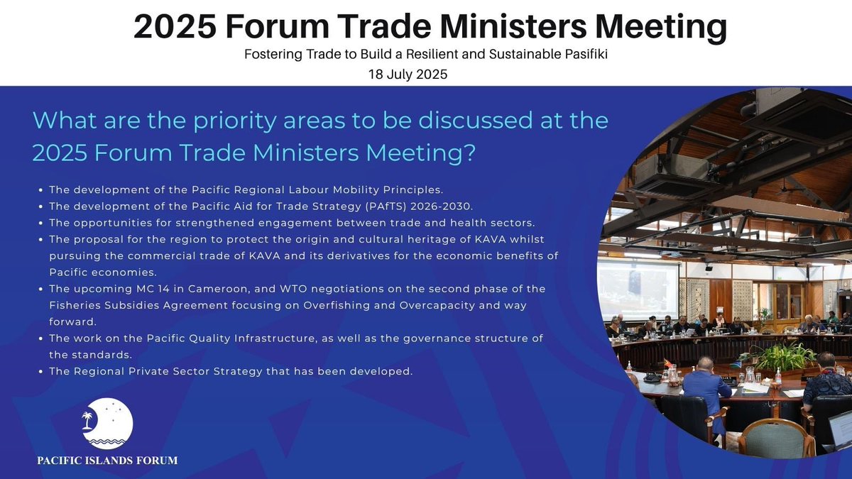 ForumSEC's tweet image. Yadra Vinaka from Fiji 🇫🇯
The Forum Trade Ministers Meeting will take place at the Pacific Islands Forum Secretariat in Suva, Fiji today.
The theme of the meeting is “Fostering Trade to Build a Resilient and Sustainable Pasifiki” and will be chaired by Hon Kapelieli Lanumata,…