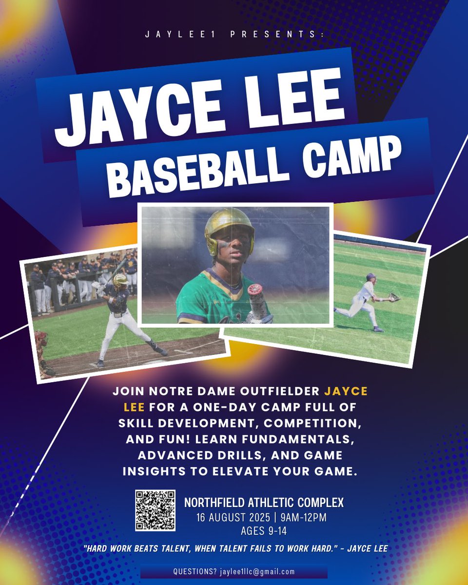 Join Jayce Lee on August 16, 2025, from 9am-12pm at the Northfield Athletic Complex!

This camp is open to children, ages 9-14, for FREE!!

Use the QR code or the link below to register TODAY! Spots are LIMITED!

docs.google.com/forms/d/e/1FAI…