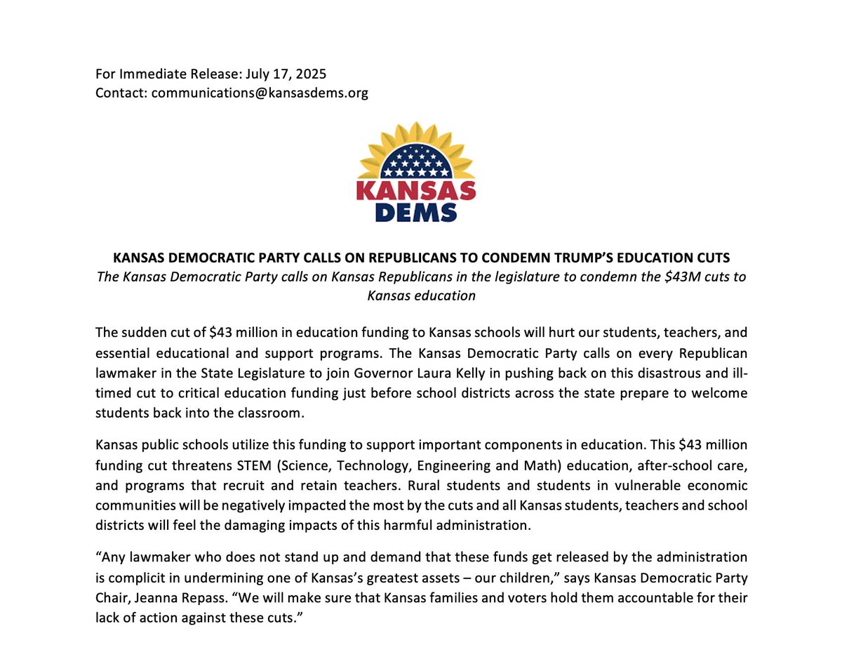 KansasDems's tweet image. The cut of $43 million in education funding to KS schools will hurt our students, teachers, & essential educational & support programs.
“We will make sure that Kansas families and voters hold them accountable for their lack of action against these cuts.” - KDP Chair Repass