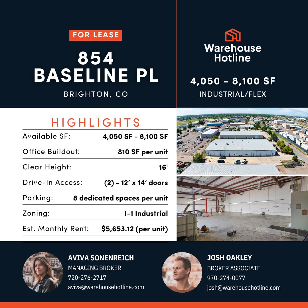 AvivaRealEstate's tweet image. For lease in Brighton, Colorado.
4000 SF or 8000 SF.
2 oversized drive in doors per unit.
16 Ft clear.
Dm me for details.