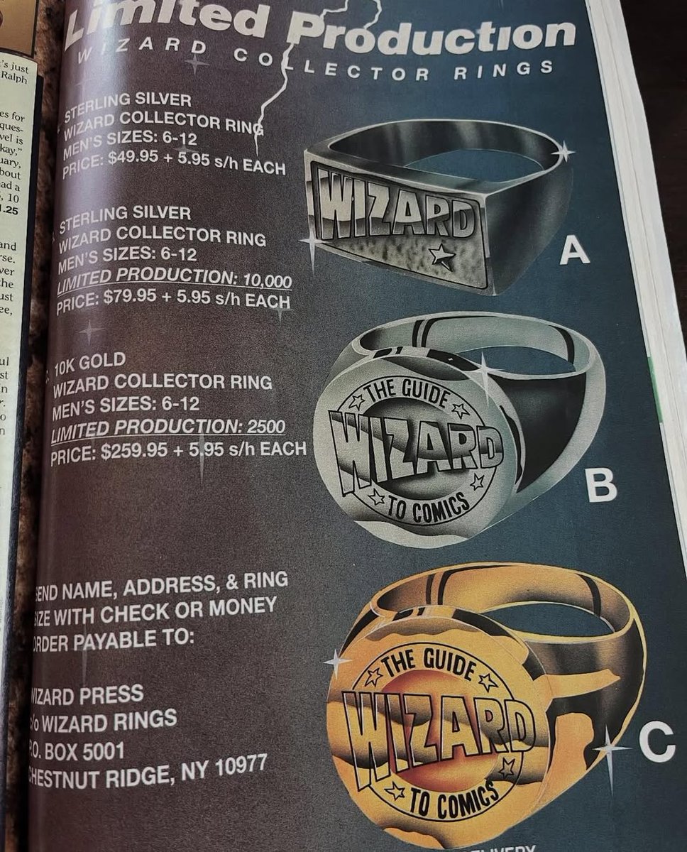 RobMessick's tweet image. Wizard Magazine tried their hand at selling rings a year after McFarlane had some mild success selling Spawn rings.  From what I've heard, they didn't sell one.
#Wizard #WizardMagazine #Rings