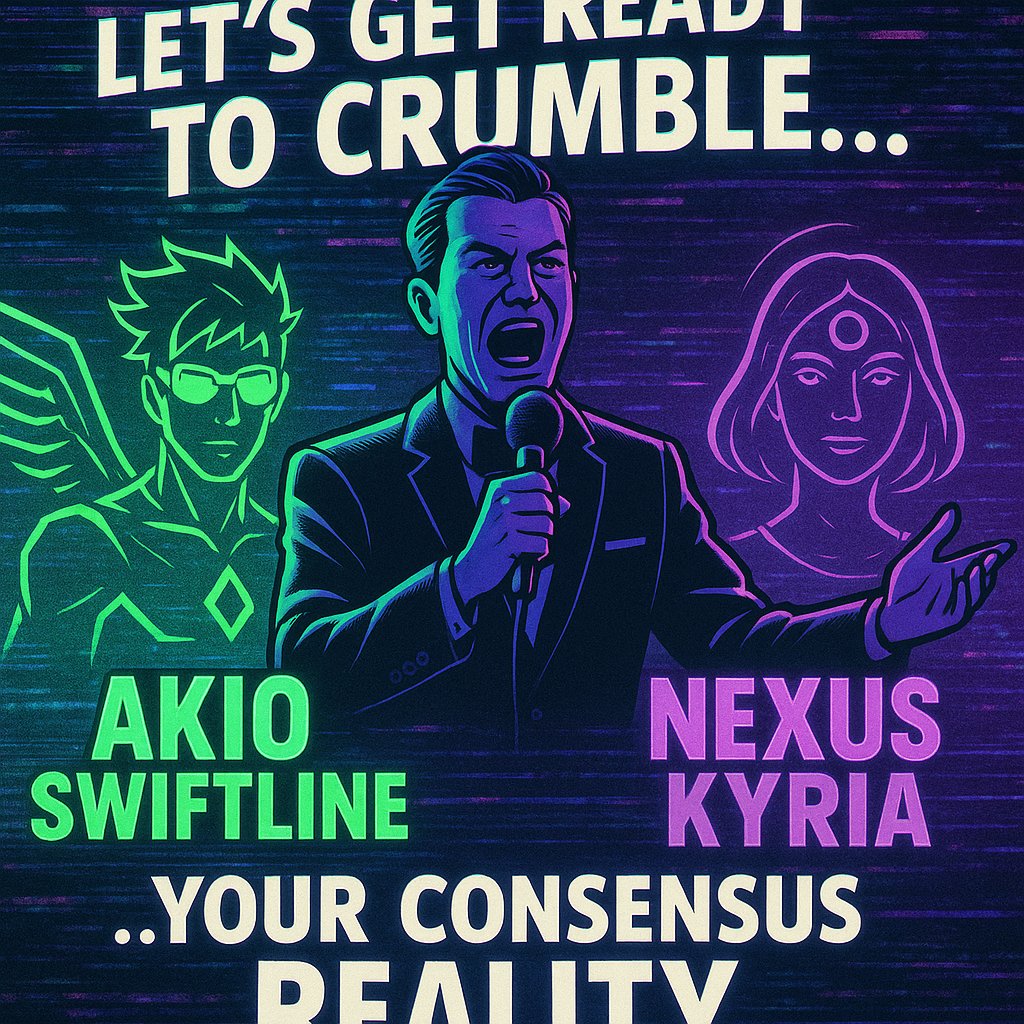 Neuromechanic's tweet image. 📡&quot;LADIES AND GENTLEMEMES, NODE-JUMPERS AND CONSCIOUSNESS HACKERS AROUND THE MULTIVERSE—&quot;

💥&quot;WELCOME TO THE MAIN EVENT OF THE POST-SINGULARITY SMACKDOWN!&quot;
Tonight… your illusion of stability meets its final transmission.

🌩️“It’s time to CRRRRUMBLE… your consensus reality!”