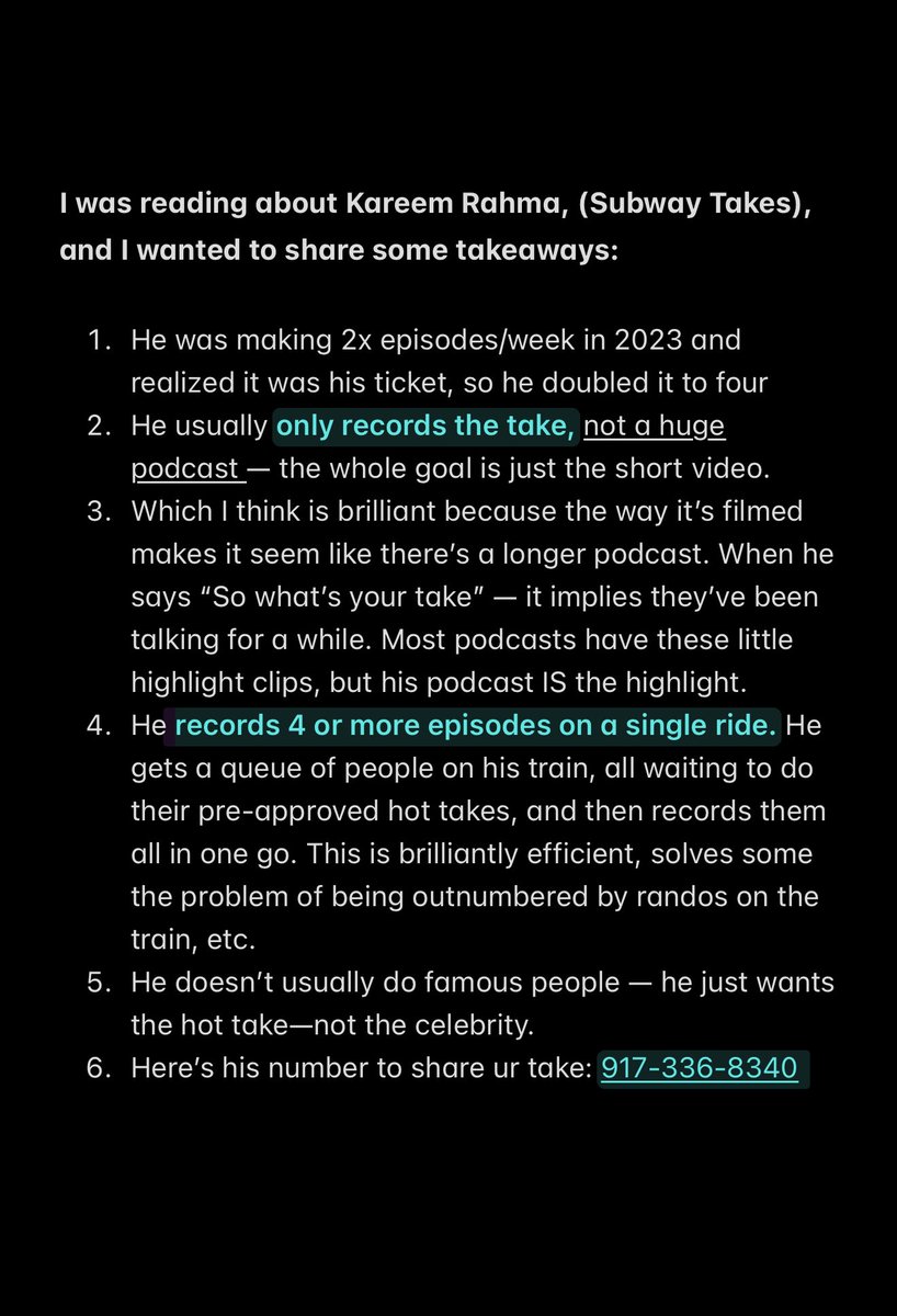 texjer's tweet image. If you’re starting a podcast, here’s some crucial lessons here to learn from @SubwayTakes. I wrote this up for a friend, but I figured a lot of people here could learn from it. 

Perfect efficiency: