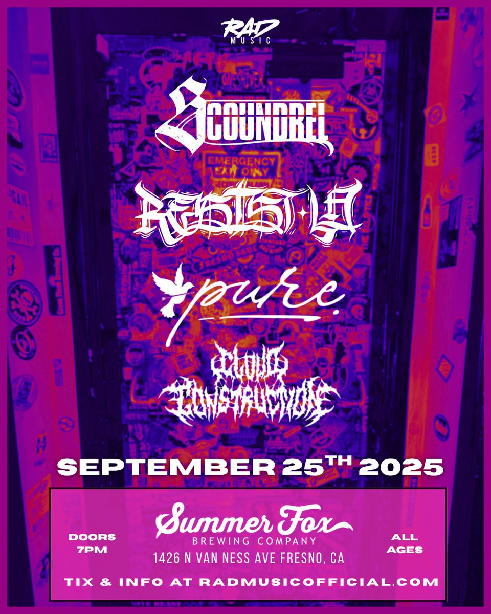 💥SEPT 25TH💥
<a href="/resistla310/">Resist LA</a> are smashing though #SummerFoxTower with <a href="/lmnopure/">𝙋𝙐𝙍𝙀 - 𝙐𝙎</a> Scoundrel and Cloud Construction!! Get tickets now: eventbrite.com/e/1502096484019

#rad #radmusic #fresno #SummerFox #Brewery #metal #metalcore #hardcore #mosh #TowerDistrict