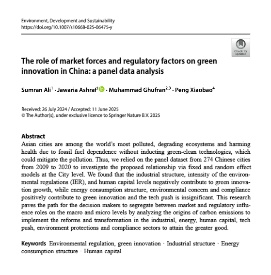 sumran_grewal's tweet photo. Excited to share our latest study in #JCR #Q1 #EnvironmentDevelopmentSustainability 
"The role of #marketforces and #regulatoryfactors on #greeninnovation in China"
Link to Access here: https://t.co/SHula4aYG7 
#SCI #sustainbility #resaerch #China #Regulation  #industry #Energy https://t.co/6UA4EA8kh1