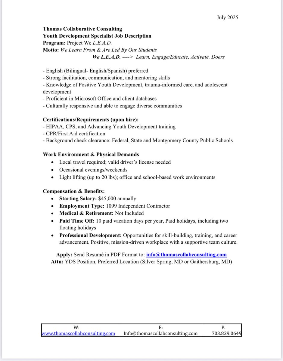Now Hiring: Youth Development Specialist (Entry-Level)

📍 Silver Spring &amp; Gaithersburg, MD
📌 $45K | Full-Time | 1099
📌 10 PTO days + holidays

Support HS males of color through mentoring &amp; case mgmt.

📧 Apply with résumé &amp; cover letter : info@thomascollabconsulting.com
