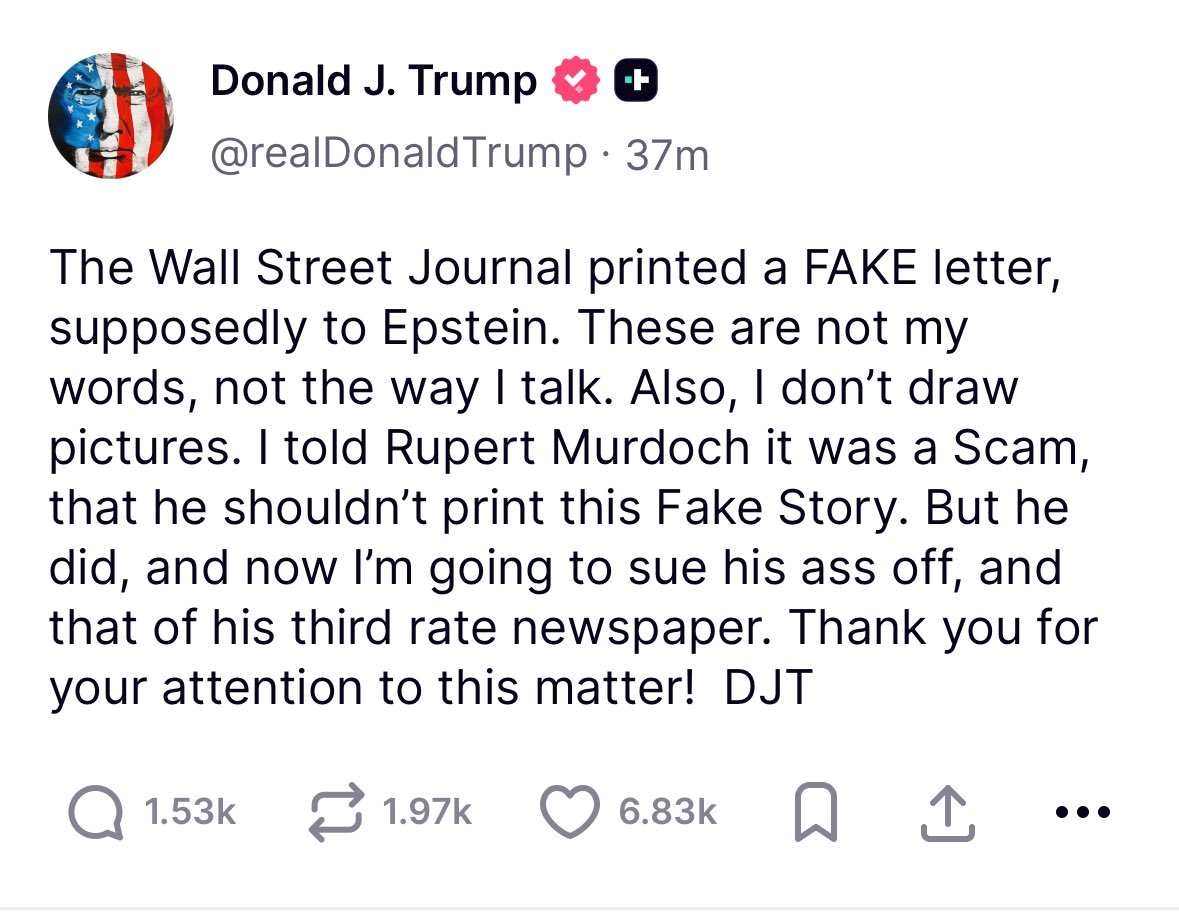 JoshButler's tweet image. Trump vs Murdoch over Jeffrey Epstein sounds like liberal fan fiction - but here we go
President tells News Corp owner he'll "sue his ass off" over WSJ story