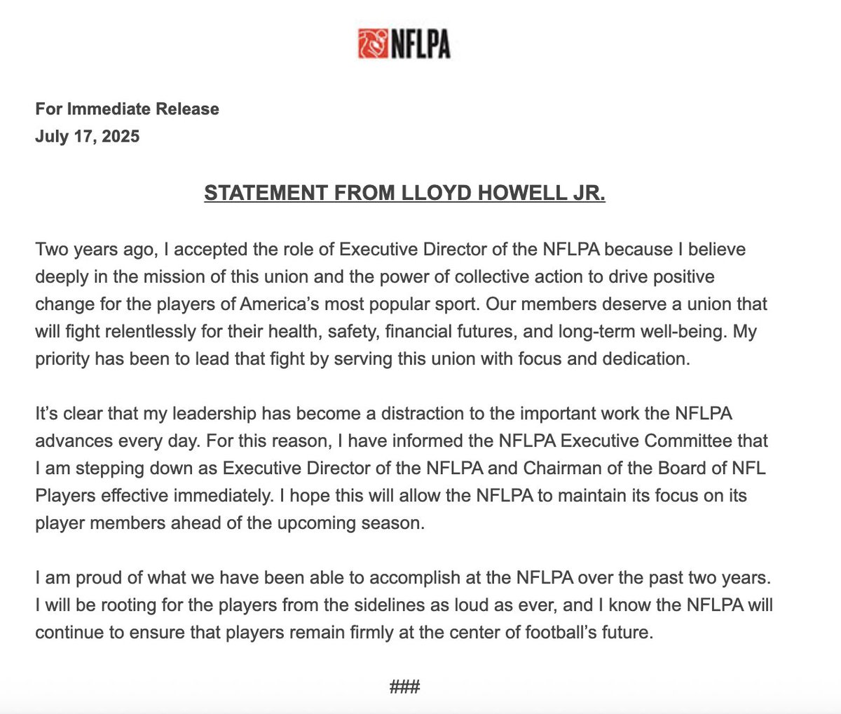 Lloyd Howell Jr. steps down as NFLPA executive director.