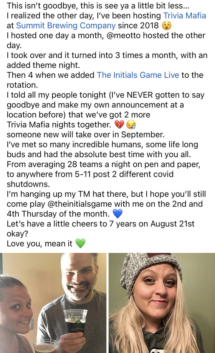DizzO49's tweet image. A little bit of @TriviaMafia @summitbeer news 💚
I WILL still be there twice a month for @initialsgametm, It’s not the END end.
@InitialsGame