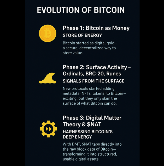 📊Evolution of Bitcoin -&gt; Storing value (Phase 1). Surface-level tokens (Phase 2) added noise. But what makes Phase 3, with $NAT &amp; DMT, a true leap in digital evolution?

To understand this in deeper levels, first lets break down how Bitcoin has evolved over the time in phases.