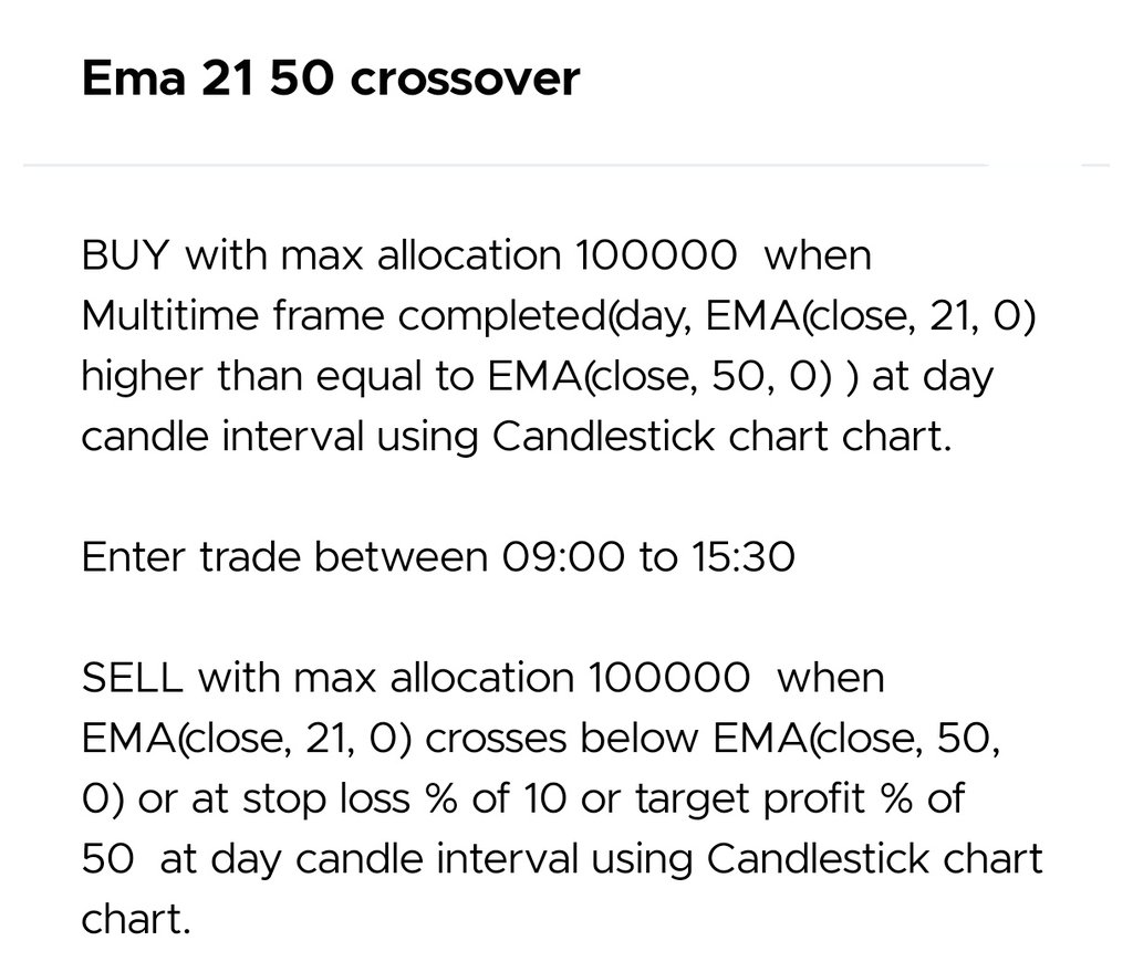 apoorvsinghasr's tweet image. I was #backtesting the 21 ema 50ema crossover
Was mind blown
Attaching some images
Buy when 21ema greater than equal to 50ema
SL ~ 10% or when 21ema &amp;lt; 50ema
Take Profit at ~ 50%
Backtest simulation amount 10L
Not more than 1L (10%) in any position 
Randomly selected Nifty Stocks