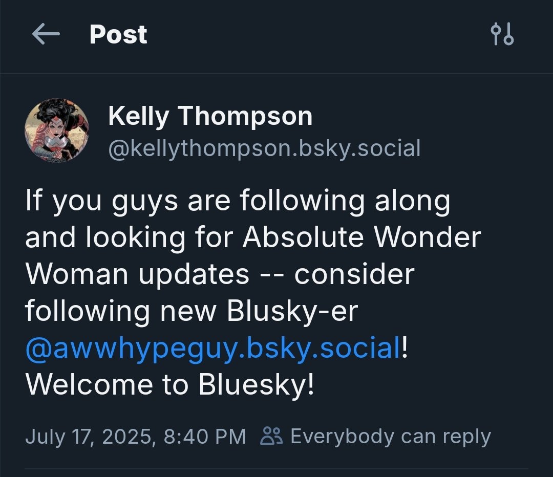 AWWHypeGuy's tweet image. I joined Bluesky, and I come highly recommended by Kelly Thompson herself!!! Go follow me over there if you'd like 😁💙