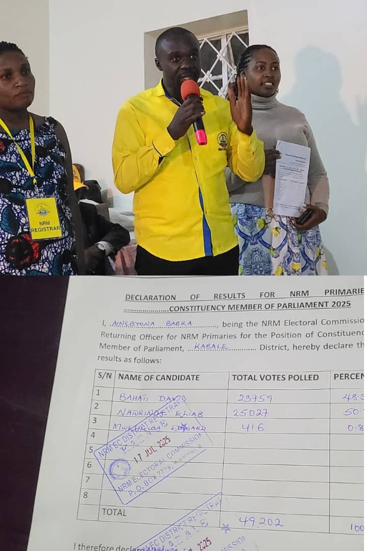 Renowned lawyer Eliab Naturinda Mporera has emerged victorious in the National Resistance Movement (NRM) party primaries for the Ndorwa West constituency in Kabale District, defeating the incumbent State Minister for Trade, Industry, and Cooperatives, Hon. David Bahati.
