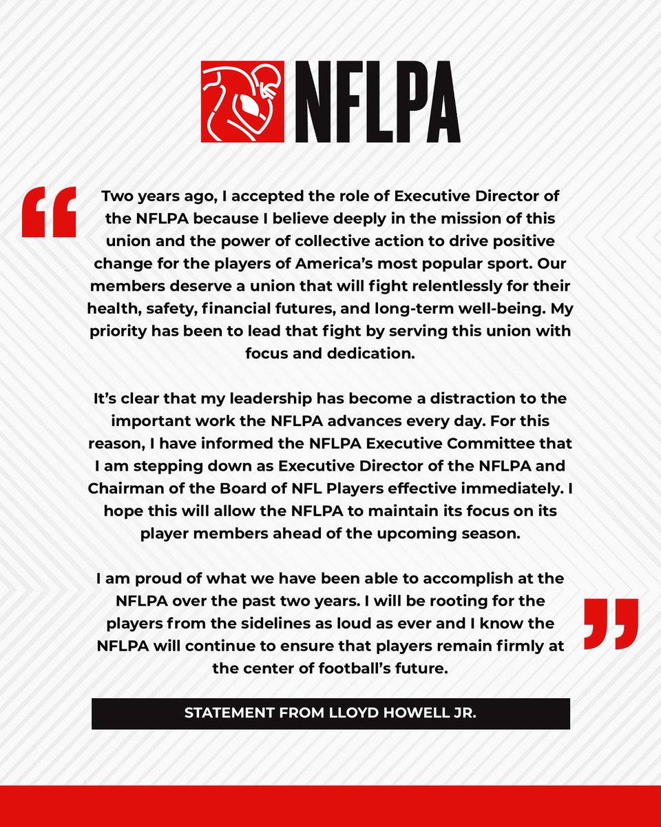 CameronWolfe's tweet image. NFLPA executive director Lloyd Howell Jr. resigns from his role citing his leadership as a distraction amid recent stories.