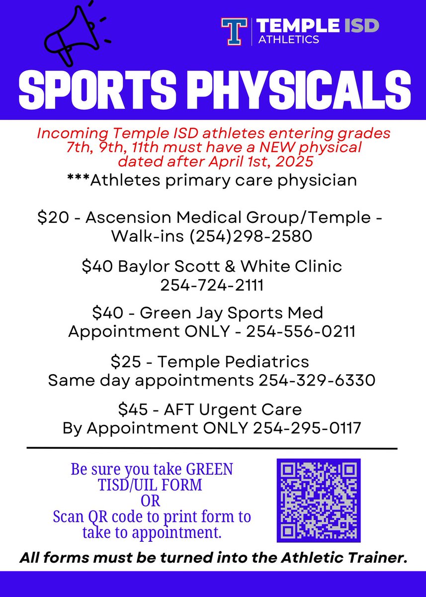 🚨🚨Let’s avoid the crunch this year for Temple ISD Athletic Paperwork. 🚨🚨 UIL Physical and Medical History forms must be turned into the Athletic Trainer - see attachment for date &amp; times. Submit all online forms by July 21st. templeisd.rankone.com/New/NewInstruc…