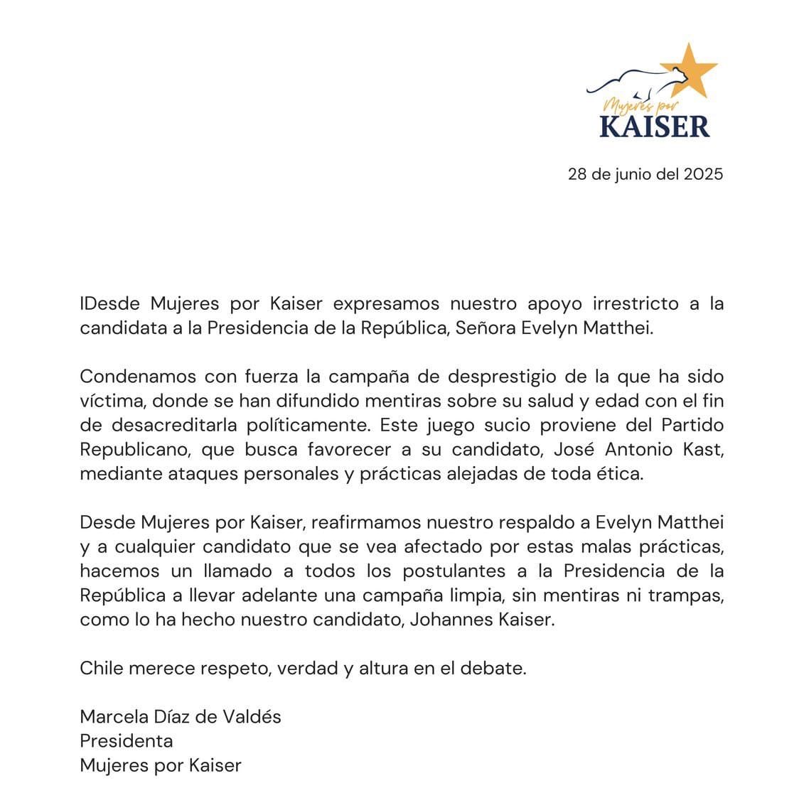 Jorge Errázuriz 🇨🇱 (@jorgeerrazuriz) on Twitter photo Valiosa carta de respaldo a <a href="/evelynmatthei/">Evelyn Matthei</a> por parte de Mujeres por Kaiser !
Eso es jugar limpio ! Gracias por subir el nivel de la competencia política ! Valiosa carta de respaldo a <a href="/evelynmatthei/">Evelyn Matthei</a> por parte de Mujeres por Kaiser !
Eso es jugar limpio ! Gracias por subir el nivel de la competencia política !