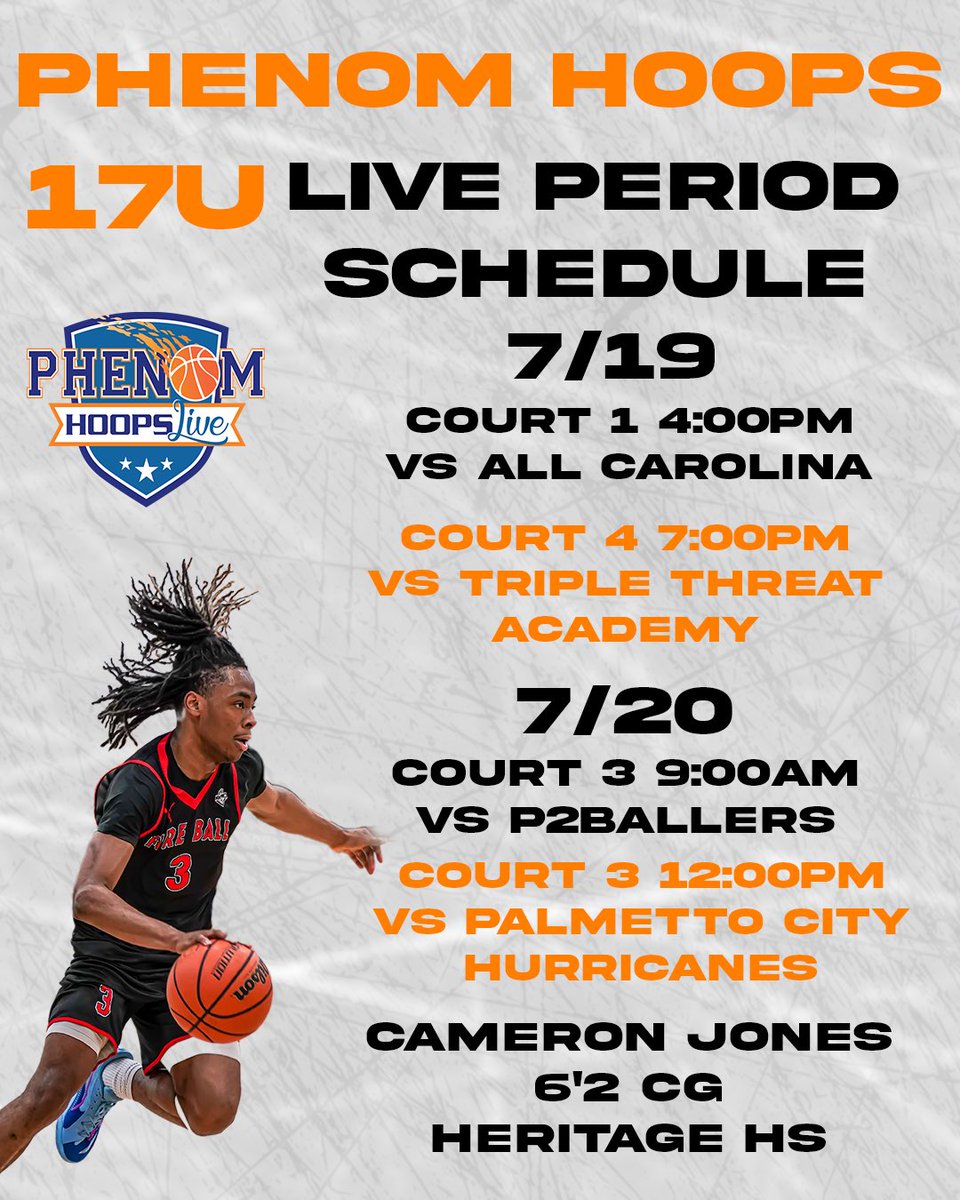 CamJones3 (@camjones3_) on Twitter photo We will be participating in the <a href="/Phenom_Hoops/">Phenom Hoop Report</a> Live Period Event this weekend at Rise in Bermuda Run! Here is our schedule. <a href="/FireBallBBAca/">Fireballbasketballacademy</a> <a href="/HHSHuskyHoops/">Heritage Basketball</a> We will be participating in the <a href="/Phenom_Hoops/">Phenom Hoop Report</a> Live Period Event this weekend at Rise in Bermuda Run! Here is our schedule. <a href="/FireBallBBAca/">Fireballbasketballacademy</a> <a href="/HHSHuskyHoops/">Heritage Basketball</a>