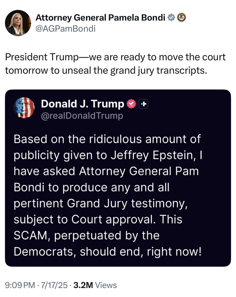 💥Hank💥 (@hankishtwitzone) on Twitter photo I trust <a href="/realDonaldTrump/">Donald J. Trump</a> & <a href="/AGPamBondi/">Attorney General Pamela Bondi</a>! There is more to the Epstein case than any “know it all” critics on X know!
If all files have not been released & perps are not behind bars yet there are good reasons for it! <a href="/POTUS/">President Donald J. Trump</a> knows! He hasn’t been wrong yet! It’s coming! Sit tight! I trust <a href="/realDonaldTrump/">Donald J. Trump</a> & <a href="/AGPamBondi/">Attorney General Pamela Bondi</a>! There is more to the Epstein case than any “know it all” critics on X know!
If all files have not been released & perps are not behind bars yet there are good reasons for it! <a href="/POTUS/">President Donald J. Trump</a> knows! He hasn’t been wrong yet! It’s coming! Sit tight!