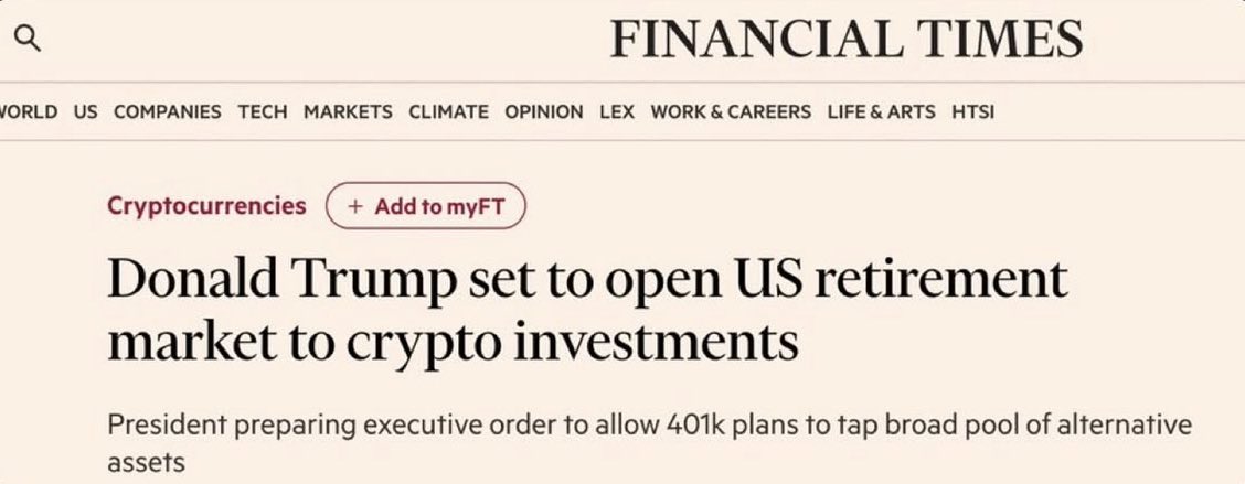 🚨PRESIDENT TRUMP IS SET TO OPEN THE 9 TRILLION U.S. RETIREMENT MARKET TO INVEST IN #BITCOIN $BTC AND OTHER CRYPTO