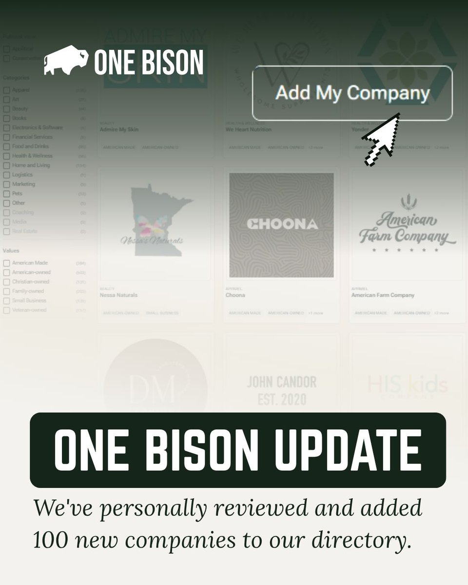 Our mission is clear: grow a trusted directory of businesses that people can confidently support.

We’ve just added 100 new businesses to the One Bison directory - each one personally reviewed to make sure it reflects our shared values.

To business owners who stand for faith,