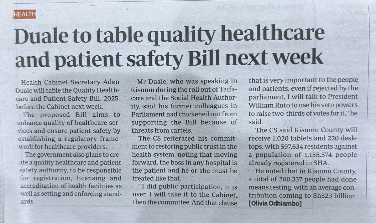 Dr. Abdi Issa ,M.D MSc,MRCGP. (@drabdiissa011) on Twitter photo Cabinet Secretary <a href="/HonAdenDuale/">Hon. Aden Duale, EGH</a> is set to revamp the healthcare system by introducing the Quality Healthcare and Patient Safety Bill. This game-changing legislation prioritizes patient safety and elevates the status of patients. President <a href="/WilliamsRuto/">William Samoei Ruto, PhD</a> is expected to pen this Cabinet Secretary <a href="/HonAdenDuale/">Hon. Aden Duale, EGH</a> is set to revamp the healthcare system by introducing the Quality Healthcare and Patient Safety Bill. This game-changing legislation prioritizes patient safety and elevates the status of patients. President <a href="/WilliamsRuto/">William Samoei Ruto, PhD</a> is expected to pen this